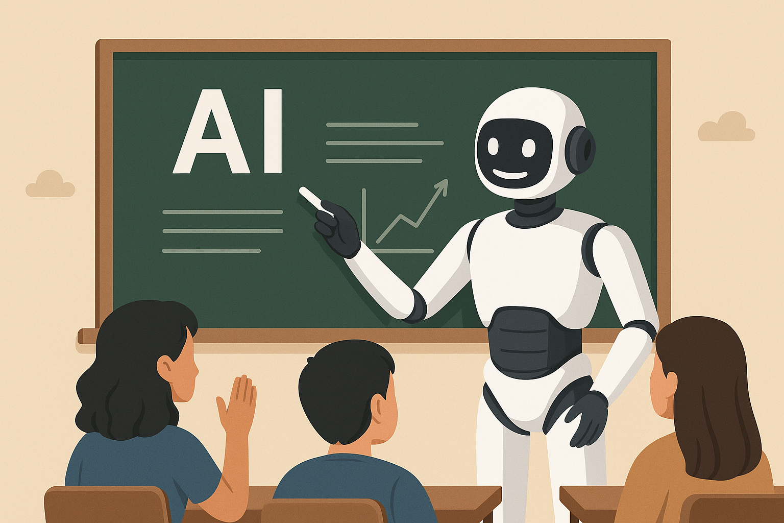 Friendly AI robot teaching a classroom of people